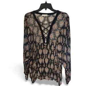 Sugarlips Black and Tan Lace-Up Blouse